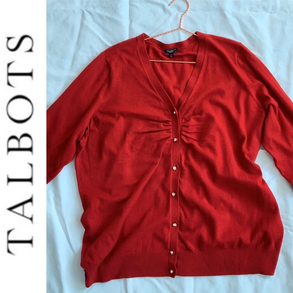 TALBOTS - Red rhinestone 3/4 cardi sweater 2x